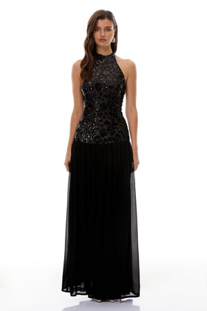 Aurohaya Ainoa Black Sequin Ruched Maxi Dress