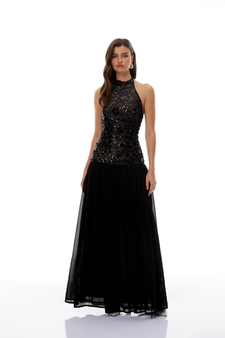 Aurohaya Ainoa Black Sequin Ruched Maxi Dress