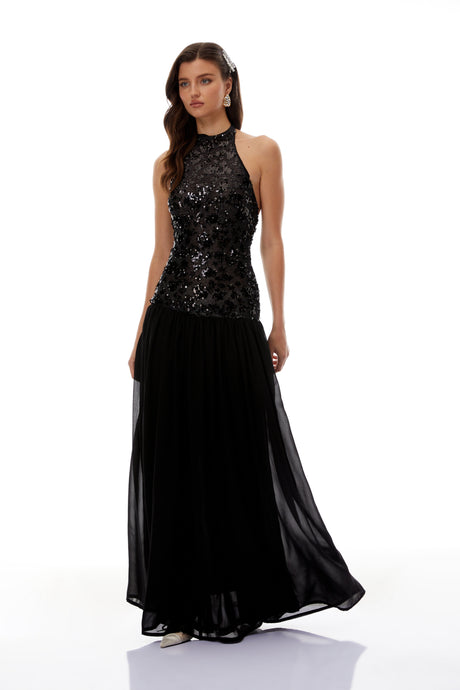 Aurohaya Ainoa Black Sequin Ruched Maxi Dress