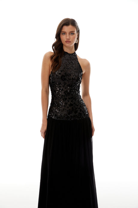 Aurohaya Ainoa Black Sequin Ruched Maxi Dress