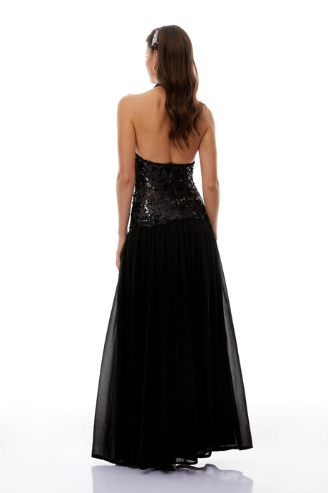 Aurohaya Ainoa Black Sequin Ruched Maxi Dress