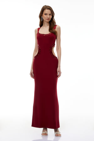 Aurohaya Aisha Red Embellished Cut-Out Maxi Dress