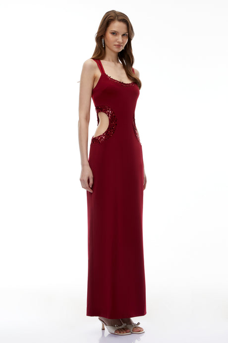 Aurohaya Aisha Red Embellished Cut-Out Maxi Dress