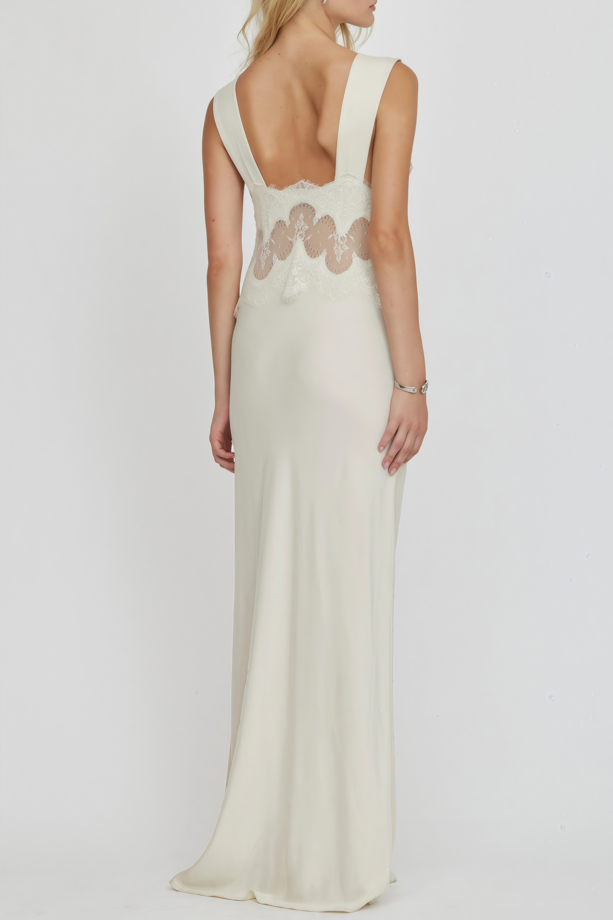 Aurohaya Aitana Neutrals Satin Maxi Dress with Lace Panels