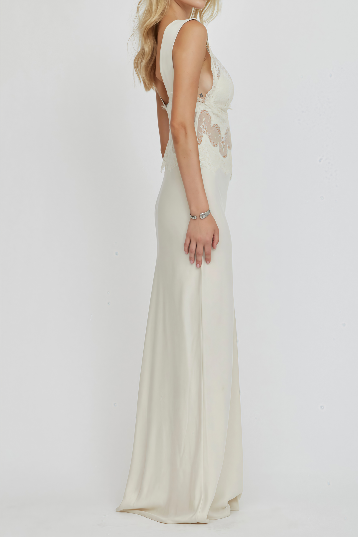 Aurohaya Aitana Neutrals Satin Maxi Dress with Lace Panels