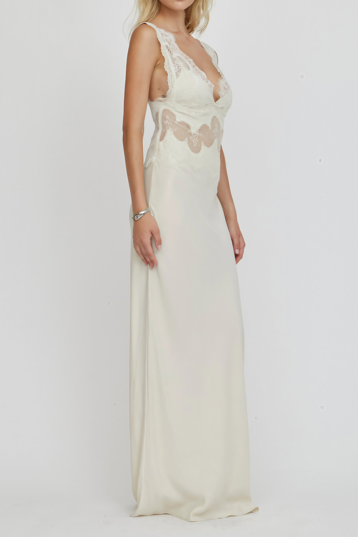 Aurohaya Aitana Neutrals Satin Maxi Dress with Lace Panels