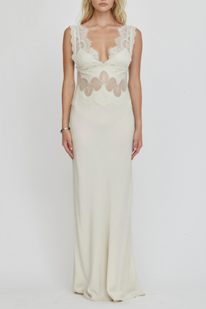 Aurohaya Aitana Neutrals Satin Maxi Dress with Lace Panels