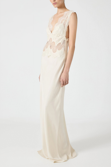 Aurohaya Aitana Neutrals Satin Maxi Dress with Lace Panels
