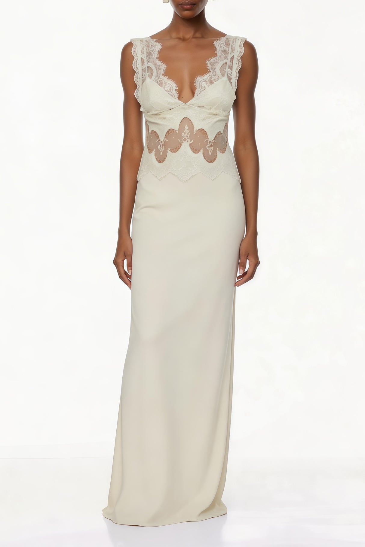 Aurohaya Aitana Neutrals Satin Maxi Dress with Lace Panels