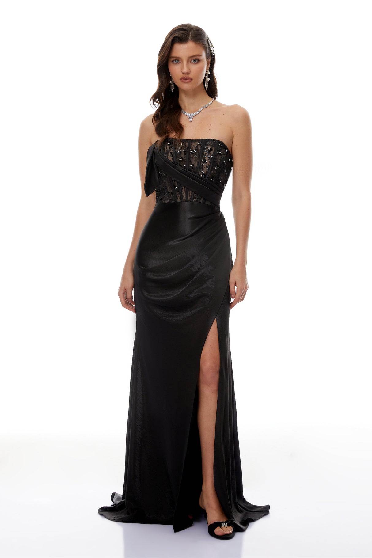 Aurohaya Aitziber Black Beaded Lace Sparkly Maxi Dress