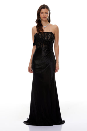 Aurohaya Aitziber Black Beaded Lace Sparkly Maxi Dress