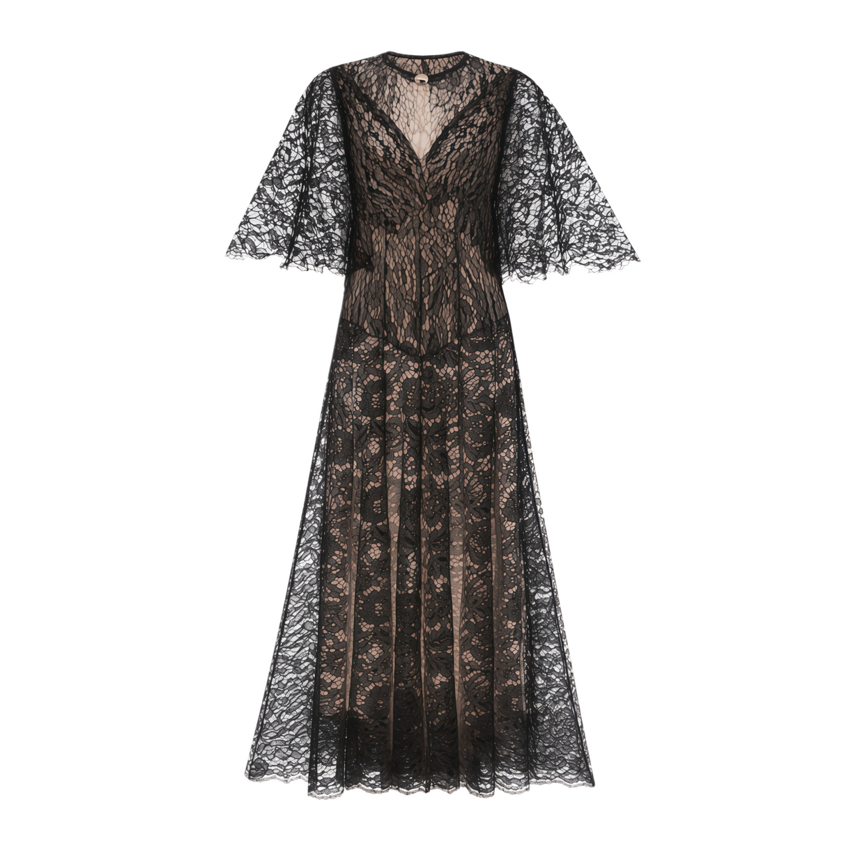Aurohaya Alaia Black Cape Design Floral Lace Midi Dress