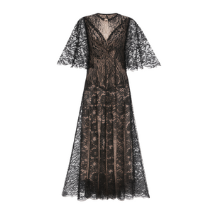 Aurohaya Alaia Black Cape Design Floral Lace Midi Dress
