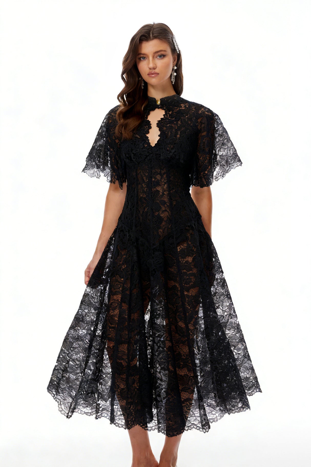 Aurohaya Alaia Black Cape Design Floral Lace Midi Dress