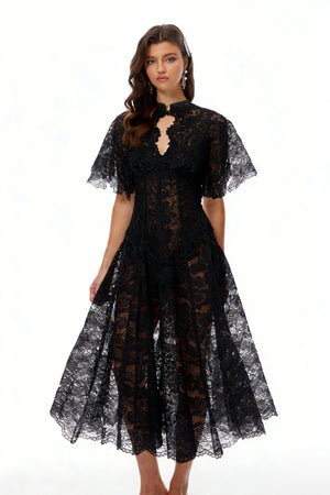 Aurohaya Alaia Black Cape Design Floral Lace Midi Dress