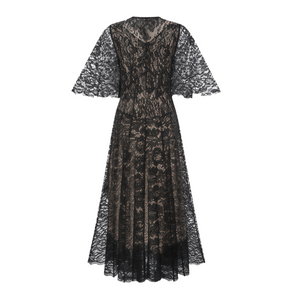 Aurohaya Alaia Black Cape Design Floral Lace Midi Dress
