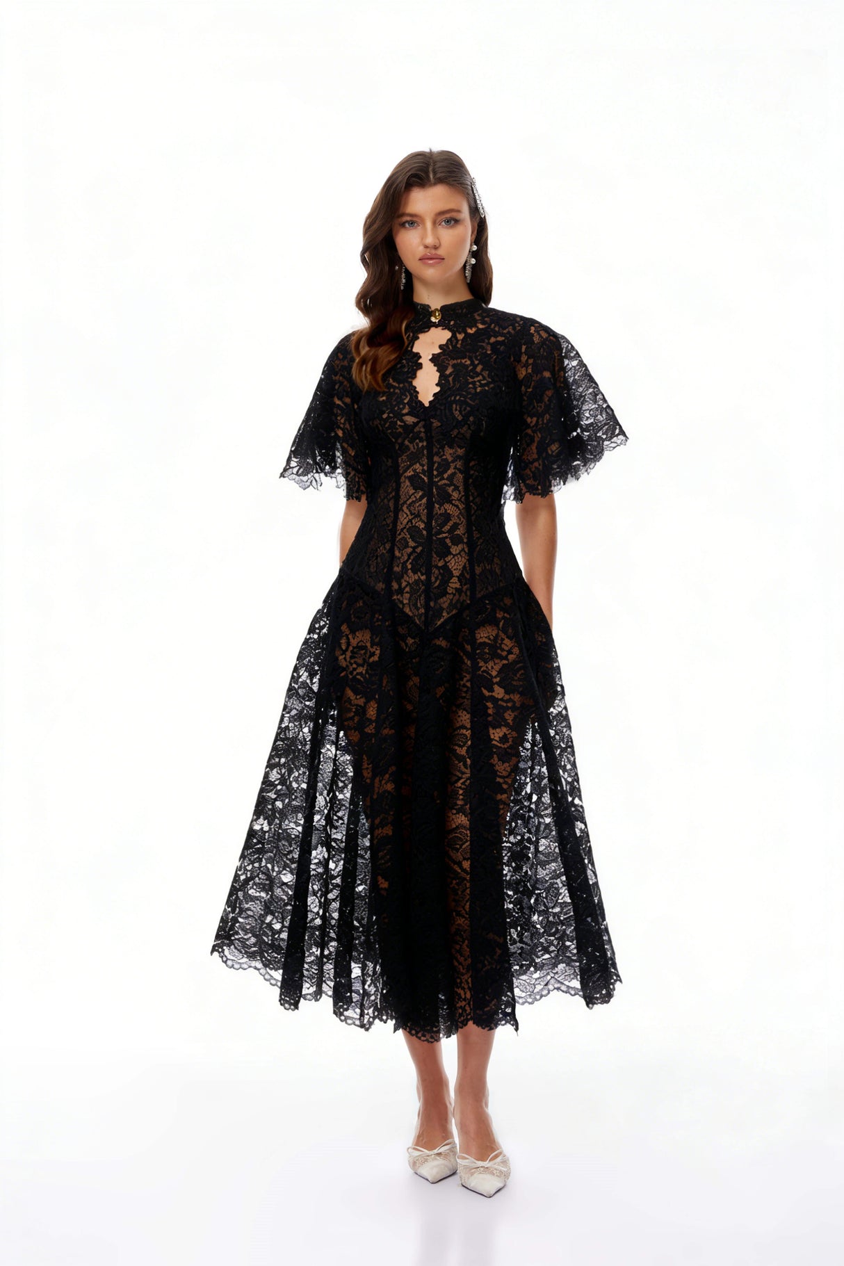Aurohaya Alaia Black Cape Design Floral Lace Midi Dress