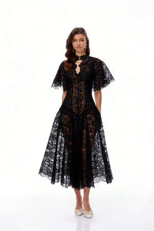 Aurohaya Alaia Black Cape Design Floral Lace Midi Dress