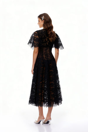 Aurohaya Alaia Black Cape Design Floral Lace Midi Dress