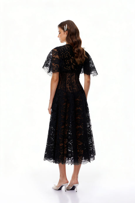 Aurohaya Alaia Black Cape Design Floral Lace Midi Dress