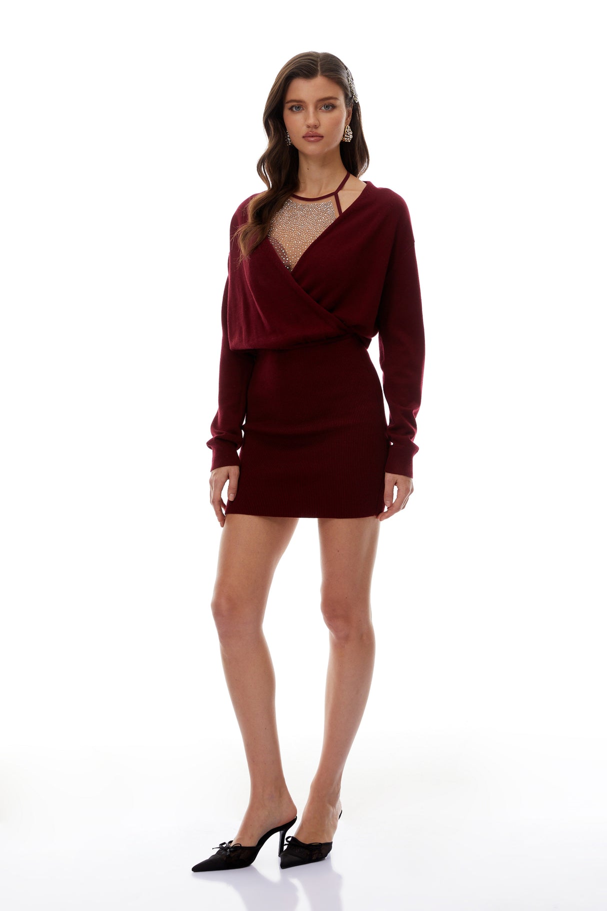 Aurohaya Alaia Red Rhinestone Embellished Knit Dress