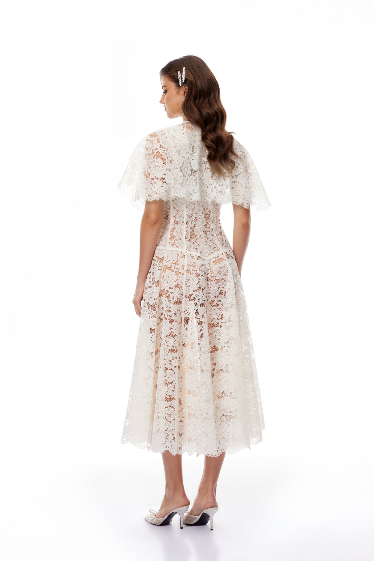 Aurohaya Alaia White Cape Design Floral Lace Midi Dress