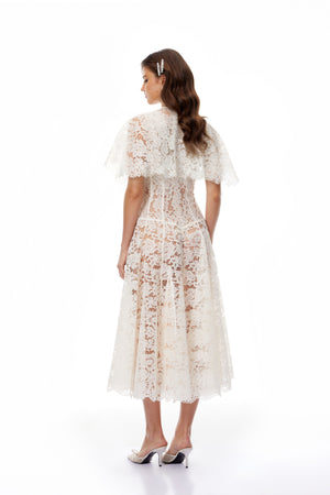 Aurohaya Alaia White Cape Design Floral Lace Midi Dress