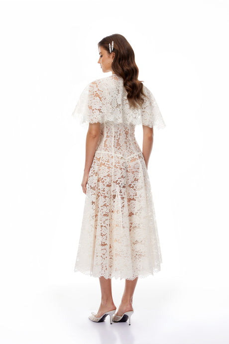 Aurohaya Alaia White Cape Design Floral Lace Midi Dress