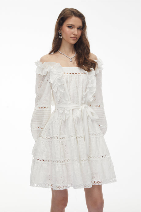Aurohaya Alcestis White Ruffled Mini Dress with Self-Tie
