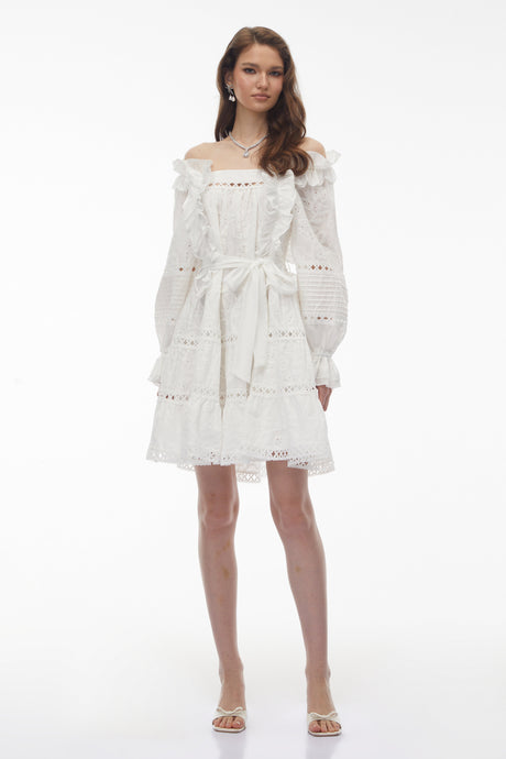 Aurohaya Alcestis White Ruffled Mini Dress with Self-Tie