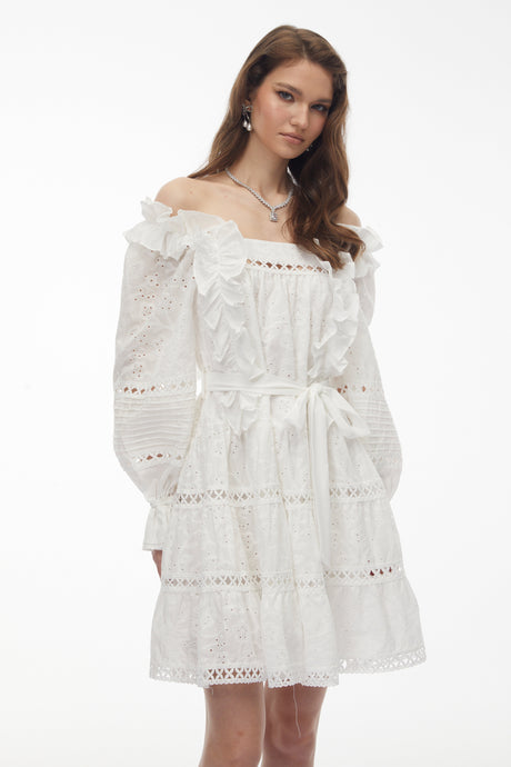 Aurohaya Alcestis White Ruffled Mini Dress with Self-Tie