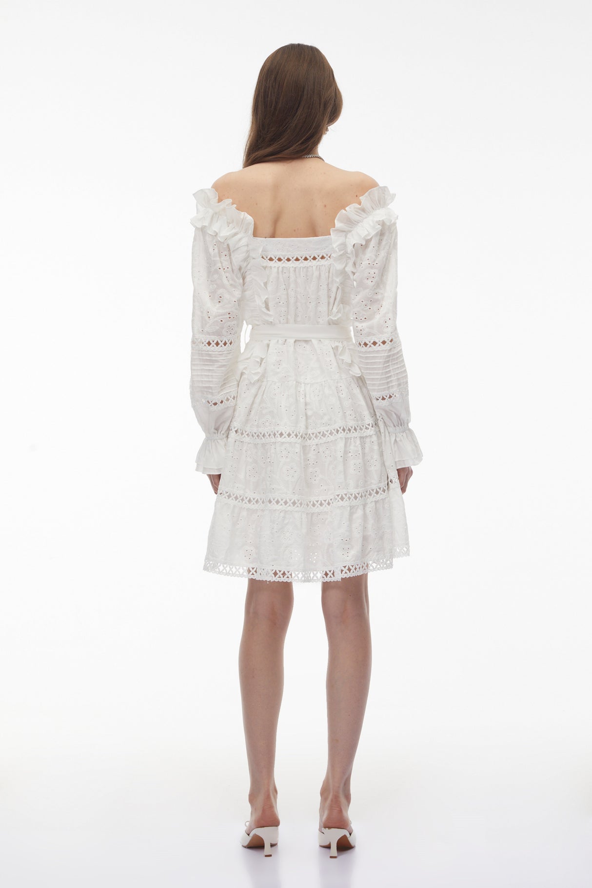 Aurohaya Alcestis White Ruffled Mini Dress with Self-Tie