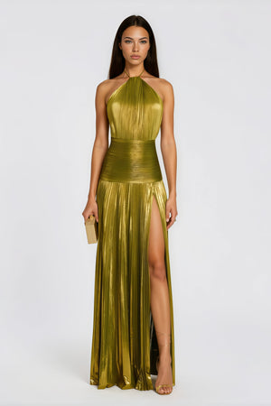 Aurohaya Alchimie Gold Glossy Pleated Maxi Dress