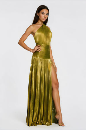 Aurohaya Alchimie Gold Glossy Pleated Maxi Dress