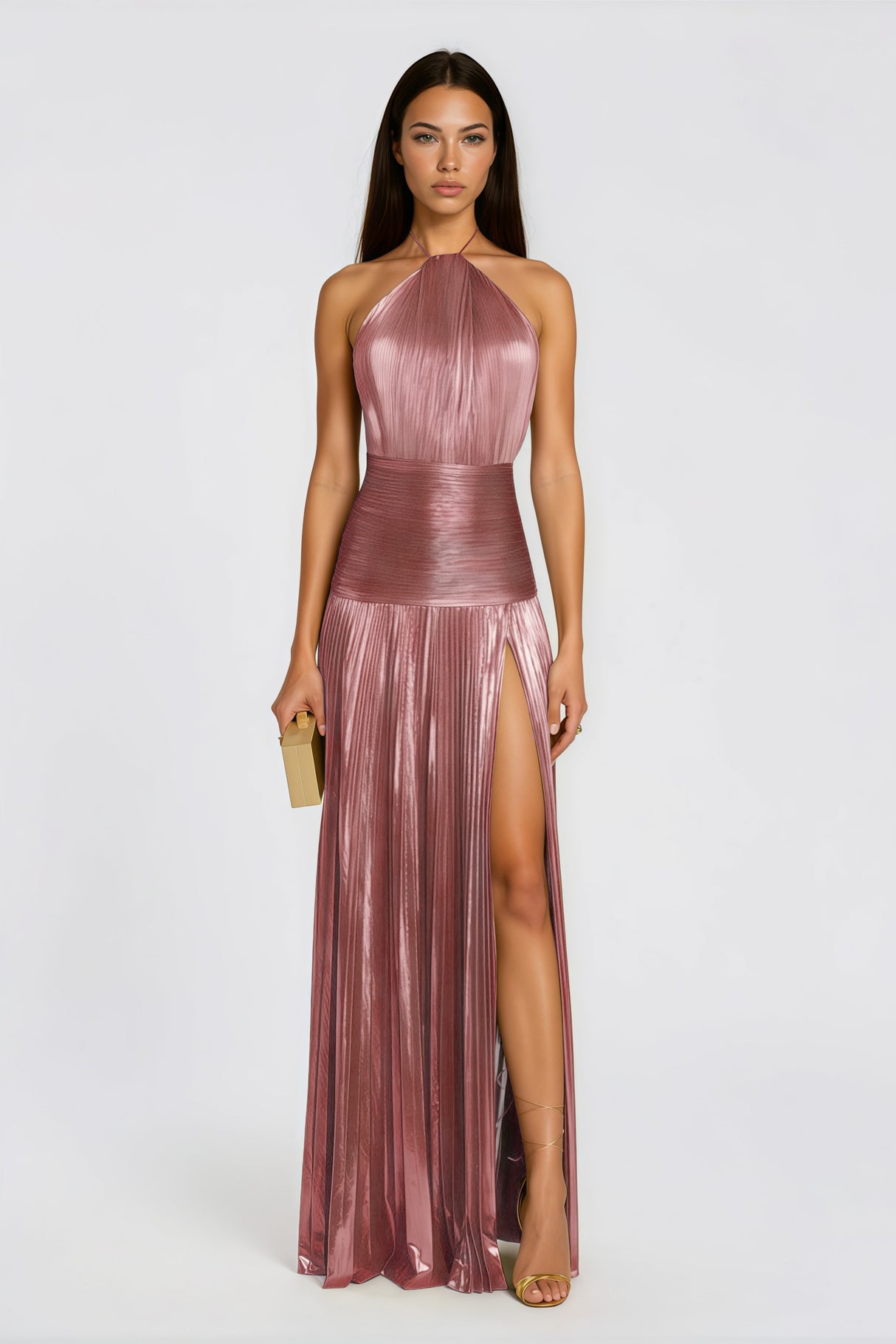 Aurohaya Alchimie Pink Glossy Pleated Maxi Dress