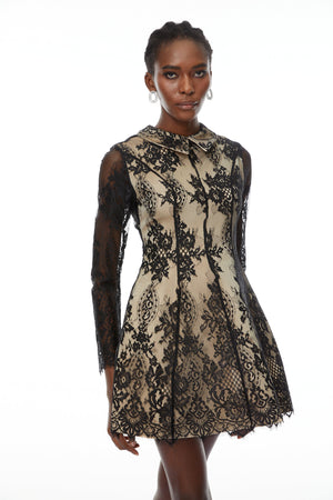 Aurohaya Aleksandra Black Floral Lace Mini Dress