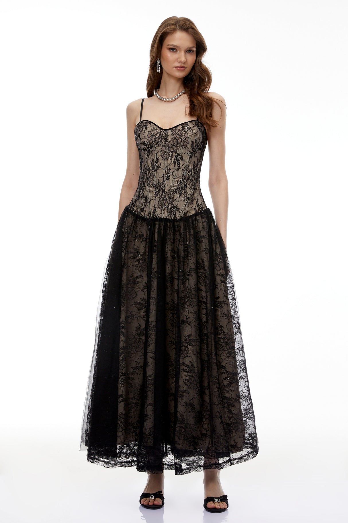 Aurohaya Alessa Black Floral Lace Maxi Dress with Tulle Panels