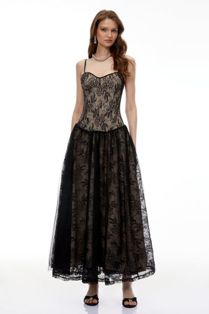 Aurohaya Alessa Black Floral Lace Maxi Dress with Tulle Panels