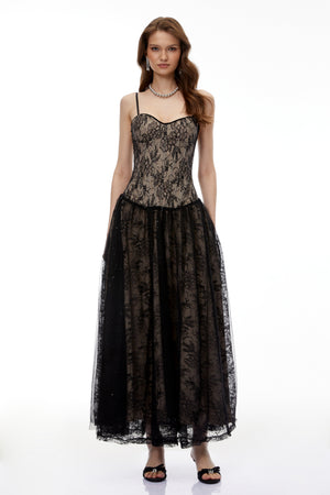 Aurohaya Alessa Black Floral Lace Maxi Dress with Tulle Panels