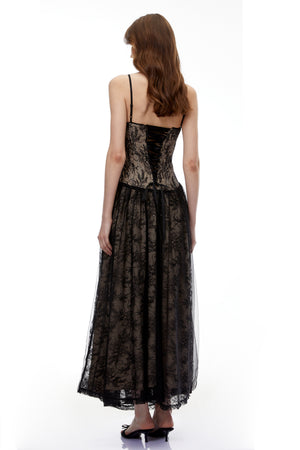 Aurohaya Alessa Black Floral Lace Maxi Dress with Tulle Panels