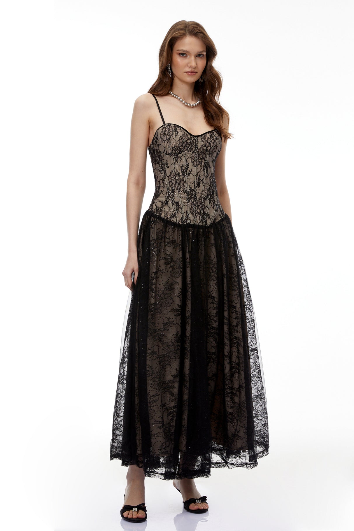 Aurohaya Alessa Black Floral Lace Maxi Dress with Tulle Panels