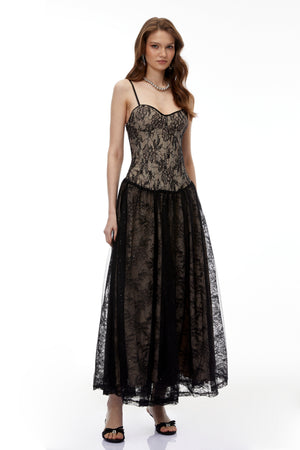 Aurohaya Alessa Black Floral Lace Maxi Dress with Tulle Panels