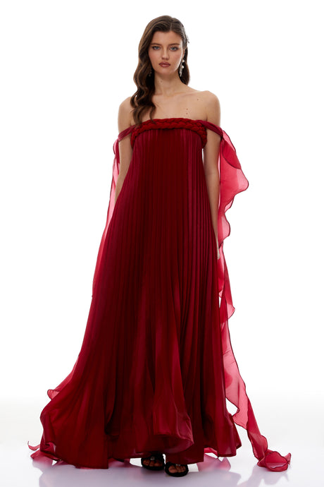 Aurohaya Alexandra Red Ruffled Maxi Dress with Shirred Bodice