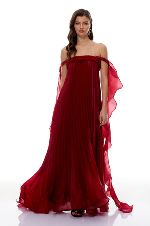 Aurohaya Alexandra Red Ruffled Maxi Dress with Shirred Bodice
