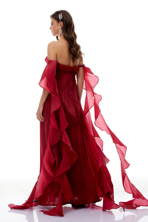 Aurohaya Alexandra Red Ruffled Maxi Dress with Shirred Bodice