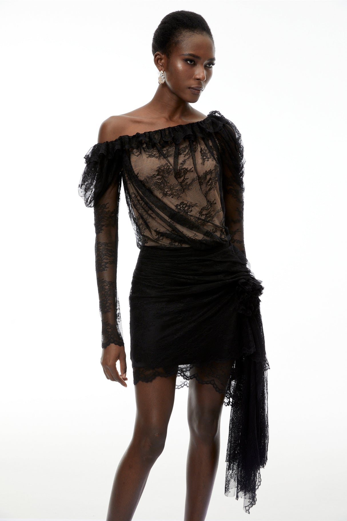 Aurohaya Alexis Black Semi-Sheer Floral Lace Mini Dress