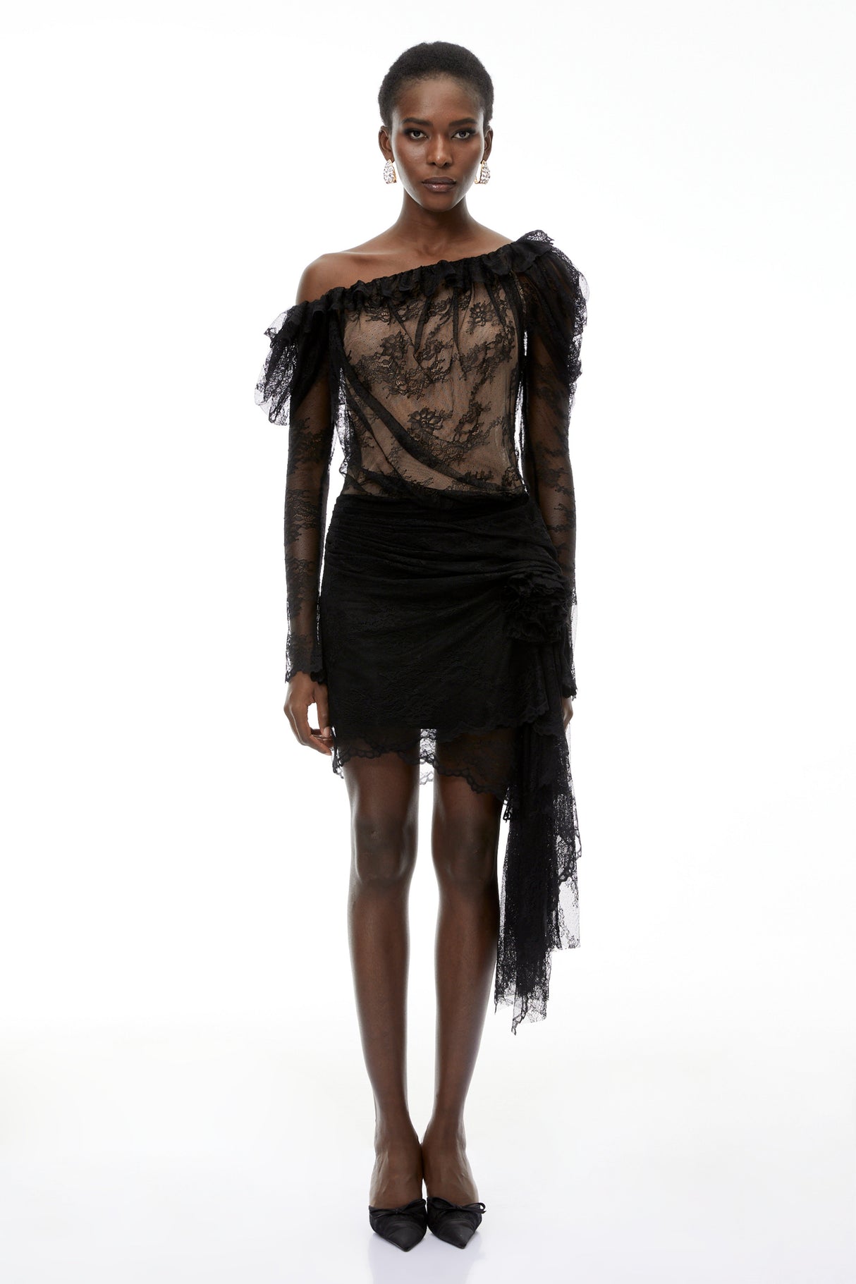 Aurohaya Alexis Black Semi-Sheer Floral Lace Mini Dress