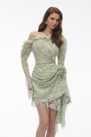 Aurohaya Alexis Sage Green Semi-Sheer Floral Lace Mini Dress