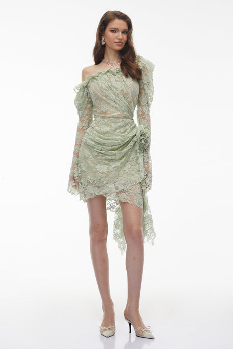 Aurohaya Alexis Sage Green Semi-Sheer Floral Lace Mini Dress