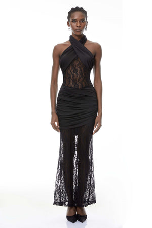 Aurohaya Alice Black Halterneck Lace Maxi Dress